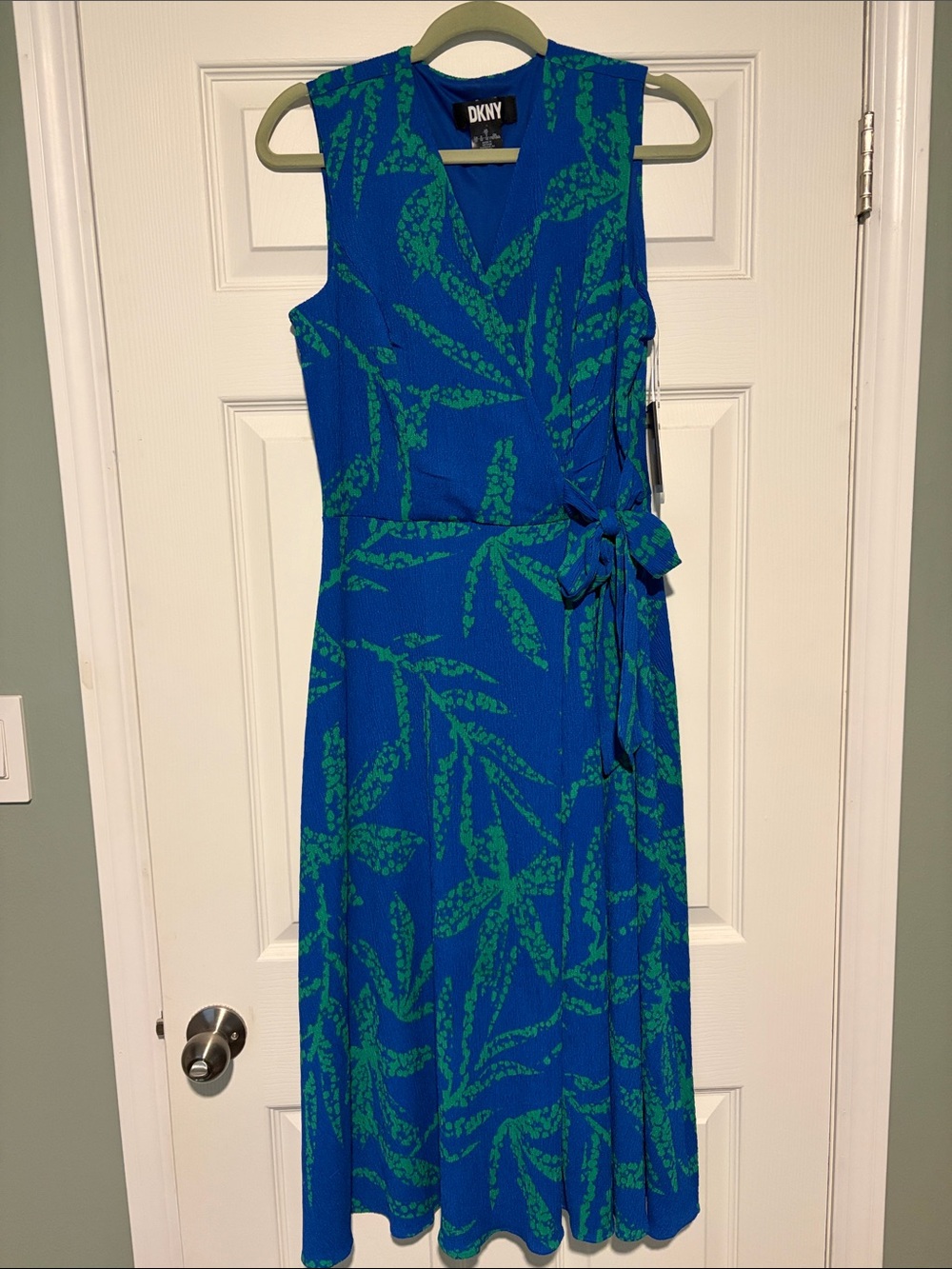 DKNY Blue Sleeveless Wrap-Style Midi Dress with Green Leaf Print